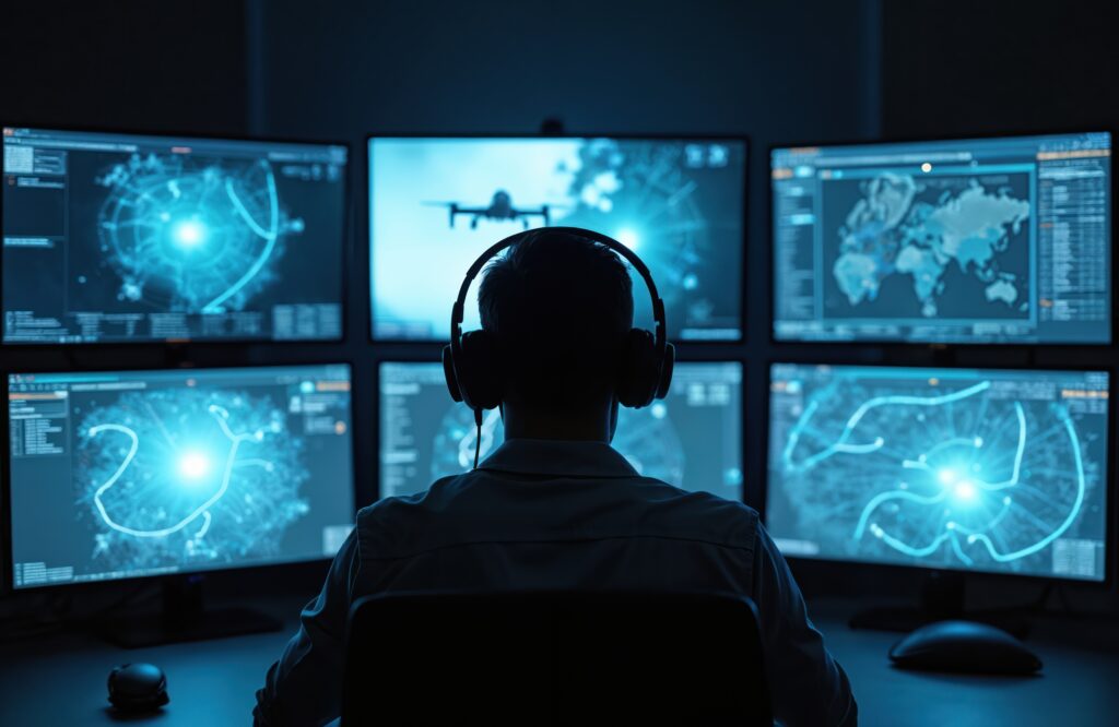 Défense - Operator in control room monitors drone strike. Headset, multiple screens show surveillance data. Military mission, warfare technology, defense concept, air force, strategy, digital intelligence.