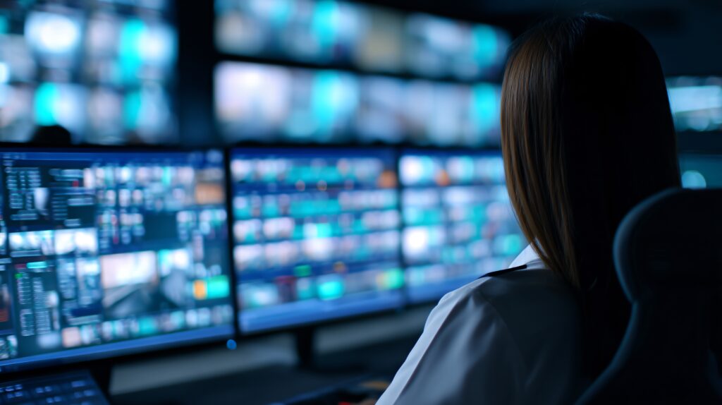 defense industry digital workplace plateforme collaborative sécurisée engineer monitoring digital systems inside Critical Infrastructure control room filled with multiple screens. Emphasizing cybersecurity, energy management and essential operations.